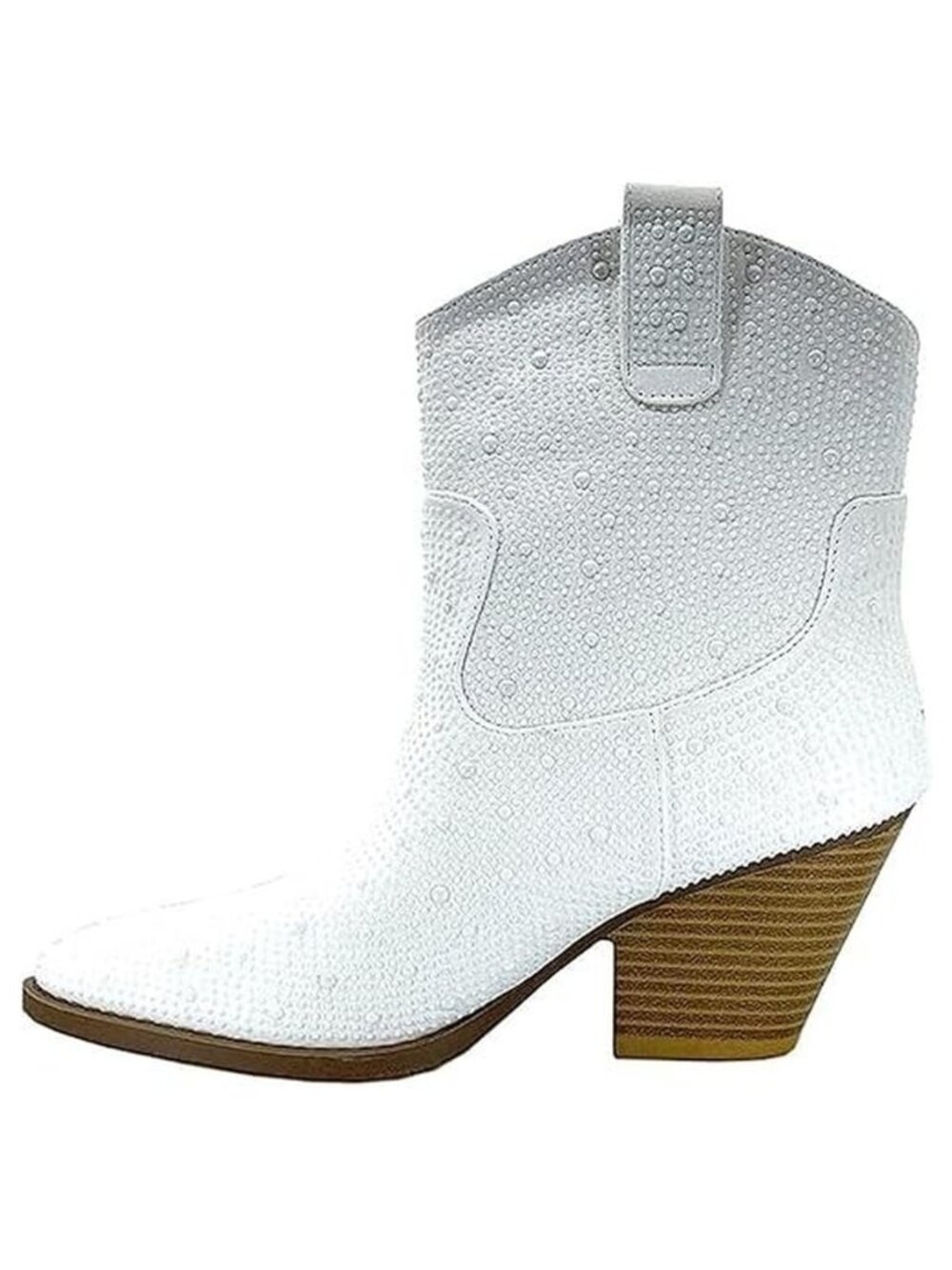 Women's Rhinestone Cowboy Ankle Boots Block Heel Western Booties Ivory Size 5.5